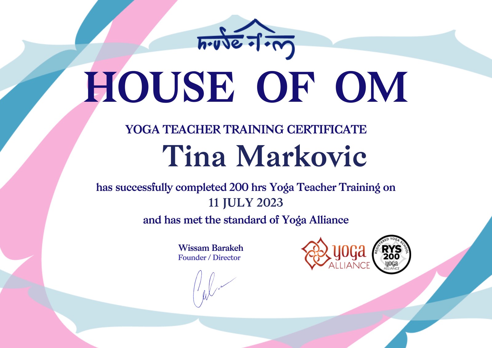 200h Yoga Teacher Training certificate