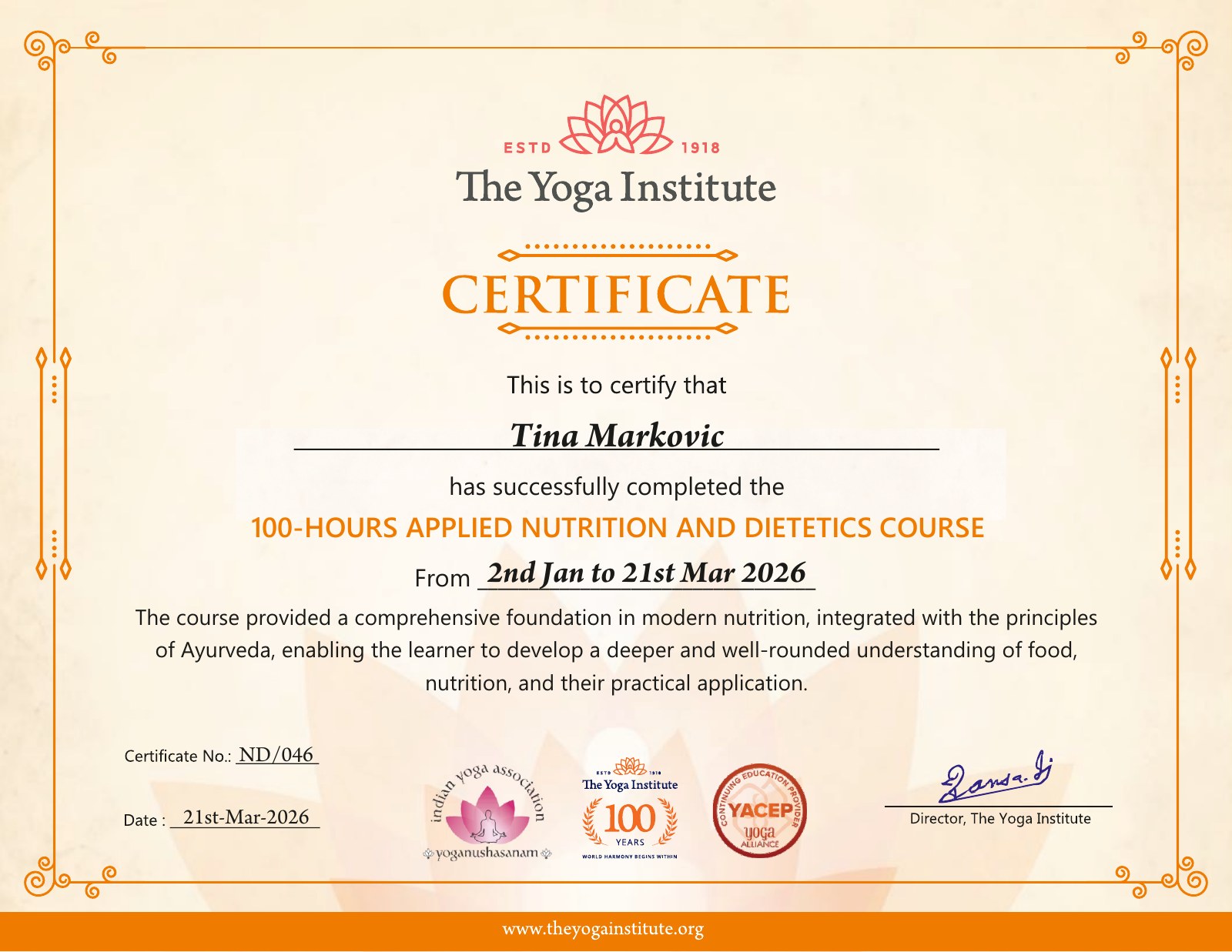 Ayurvedic Nutrition certificate