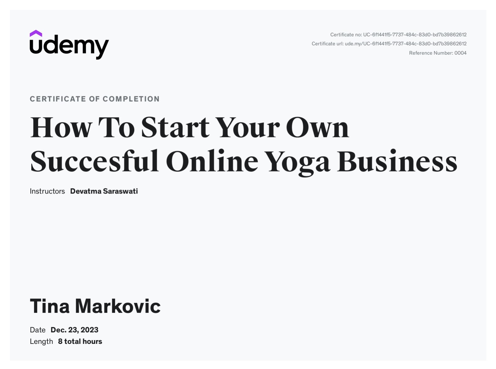 Online Yoga Business certificate