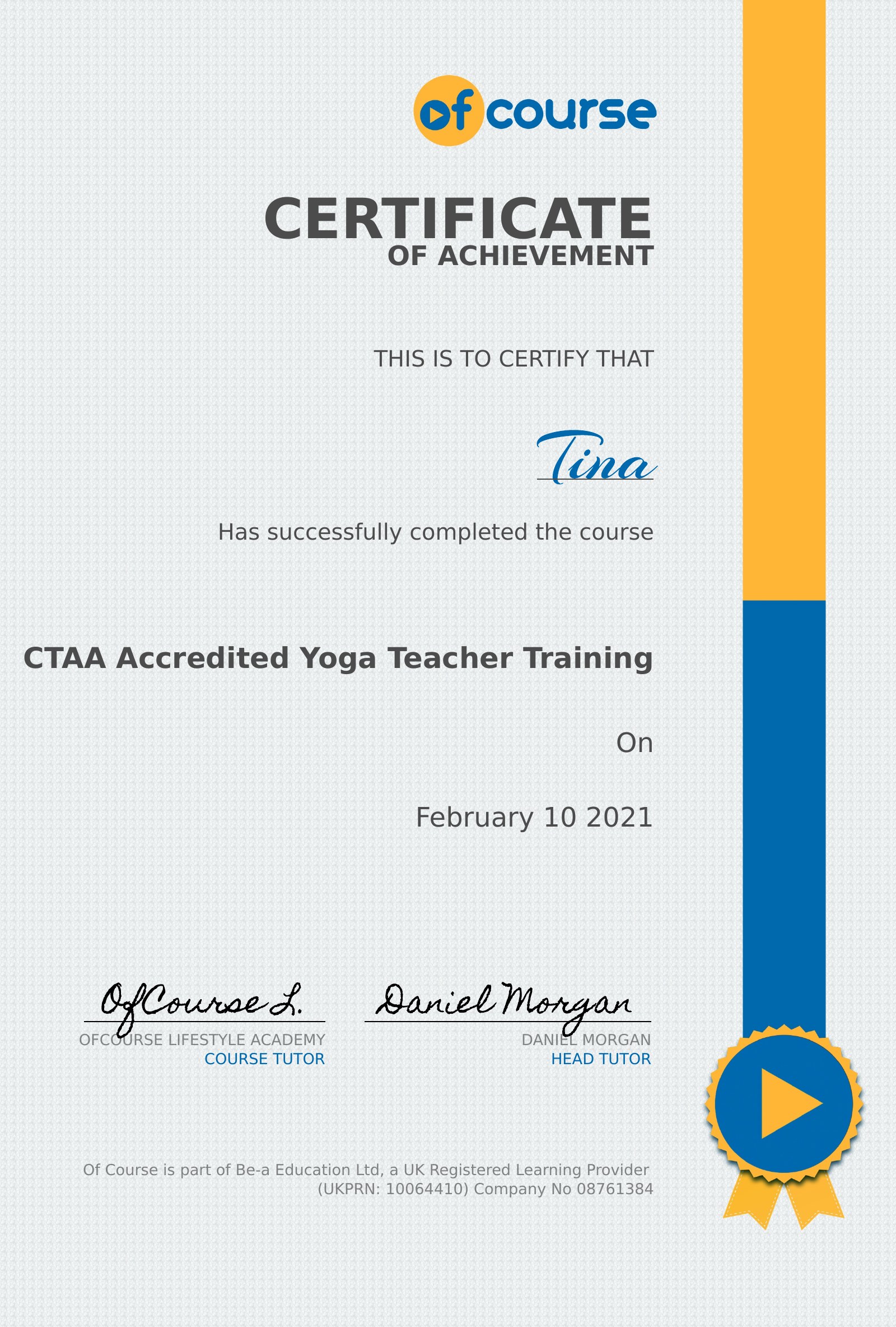 Yoga Teacher Training certificate