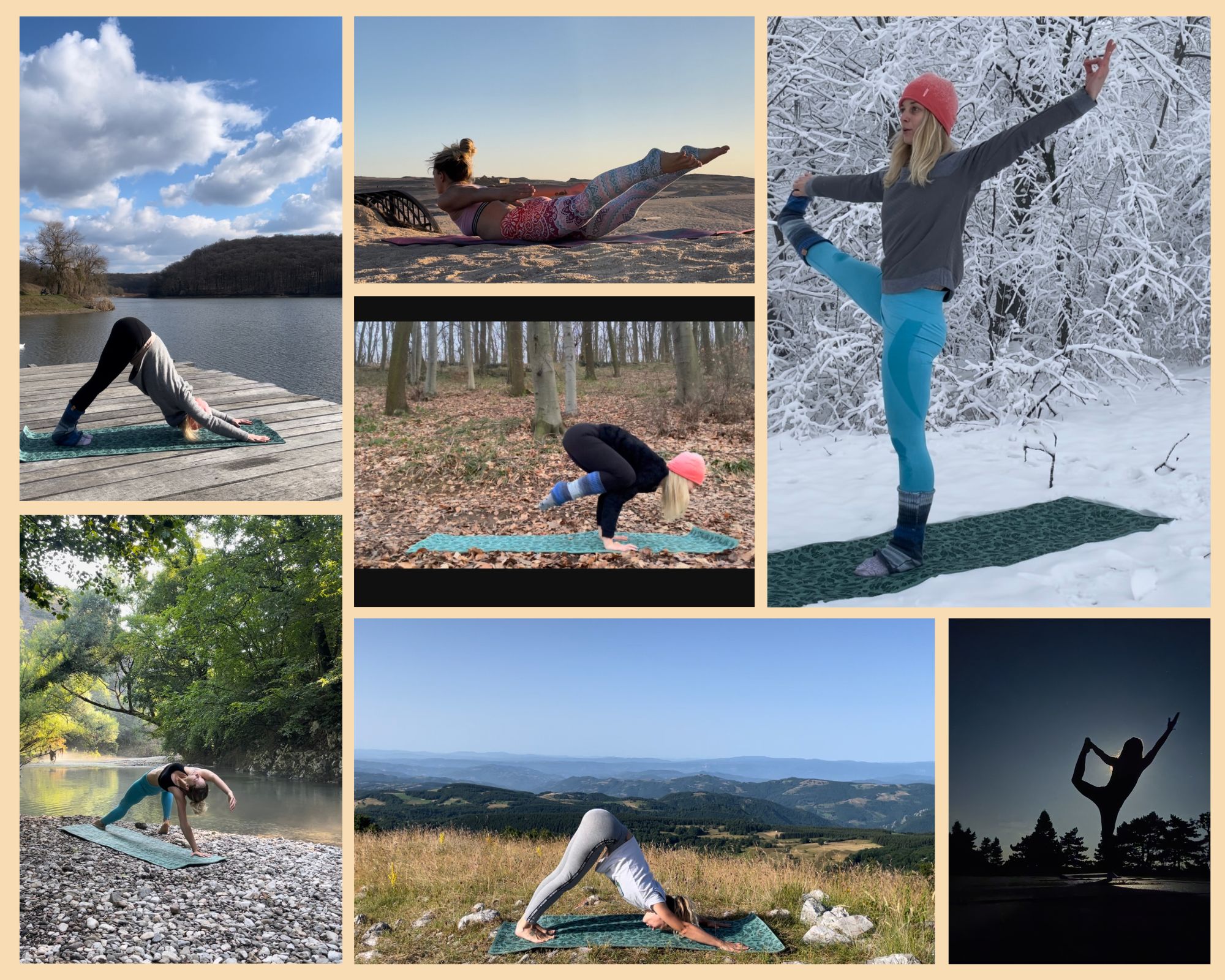 Tina practicing yoga in nature through the seasons